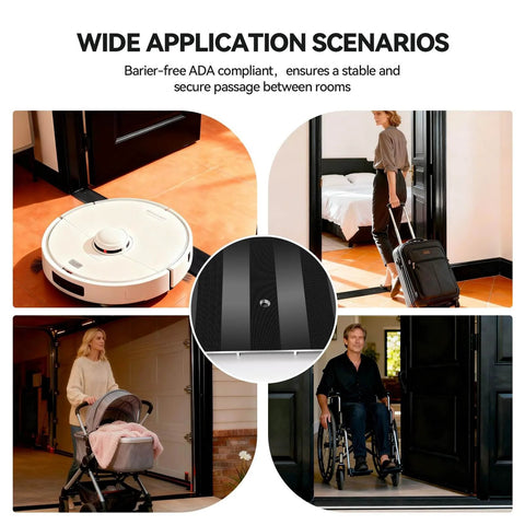 Collage showing various uses of 48"L 5"W 0.25"H Extra-Sturdy Aluminum Door Threshold Strip in high-traffic and ADA compliant scenarios