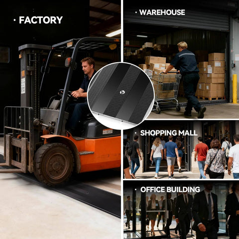 Image showing various uses of the 48"L 5"W 0.25"H Extra-Sturdy Aluminum Door Threshold Strip in factory, warehouse, mall, and office building.