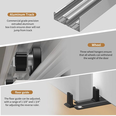 Heavy Duty Bypass Sliding Closet Door Track Hardware Set With Aluminum Pocket Rail 72 Inch Long 6 Feet For Two Door System components