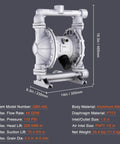 Air Operated Double Diaphragm Pump, 44GPM, Max 115PSI Air Waste Oil Pneumatic Transfer Pump with 2 Extra Diaphragms, 1-1/2 inch Inlet & Outlet Aluminum Alloy Diaphragm Pump for Diesel Grease Oil, shown from the side with specifications.
