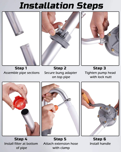 Installation steps for All Aluminum Hand Crank Drum Pump For 55 Gallon Barrels, including pipe assembly and handle installation.