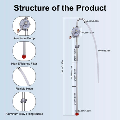 Diagram of Beefy All Aluminum 15 To 55 Gallon Drum Pump For Oil Transfer showing components and dimensions.
