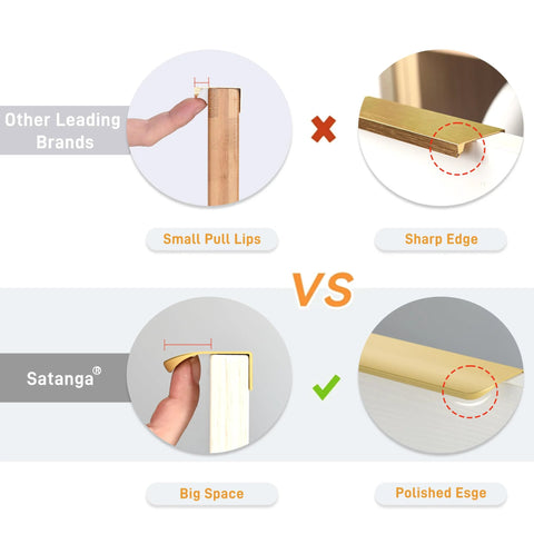 Comparison of edge finger tab cabinet pulls showing sharp edges vs. polished edges and small pull vs. big space for handling.