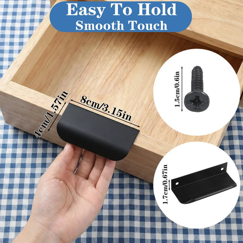 Five Piece Edge Finger Pulls For Cabinets Aluminum Alloy Concealed Handles, no drilling, easy install shown on kitchen drawer