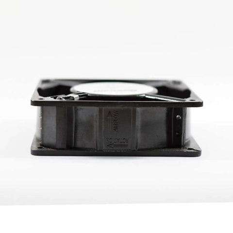 Side view of Square 4x4 Inch Aluminum Die Cast Exhaust Fan Panel Mount in Black showing compact design and durable housing for ventilation.