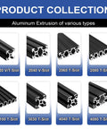 Eight types of black aluminum extrusions including Four 1220mm 2020 V-Slot aluminum extrusions in black for 20x20 framing.