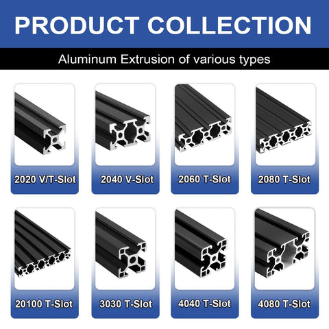 Eight types of black aluminum extrusions including Four 1220mm 2020 V-Slot aluminum extrusions in black for 20x20 framing.