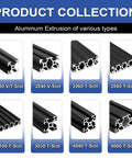 Display of various aluminum extrusions including 8Pack 2020 Aluminum Extrusion V-Slot 1220mm 48 inch Black Extruded Aluminum Profile 20x20.