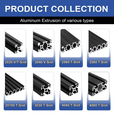 Display of various aluminum extrusions including 8Pack 2020 Aluminum Extrusion V-Slot 1220mm 48 inch Black Extruded Aluminum Profile 20x20.