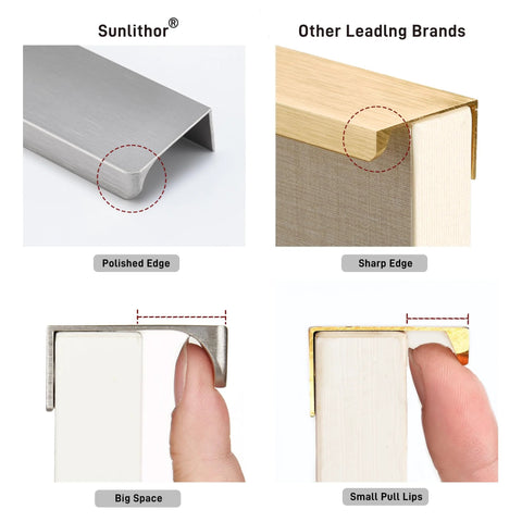 Comparison of Sunlithor and other brands' cabinet edges and pull space, featuring Finger Pull Cabinet Knob Aluminum Brushed Nickel 3.15 Inch Long Low Profile Drawer Pulls For Kitchen And Bathroom Cabinets 2.5 Inch Center To Center 0.7 Inch Height 1.5 Inch Width Easy Installation 6 Pack.