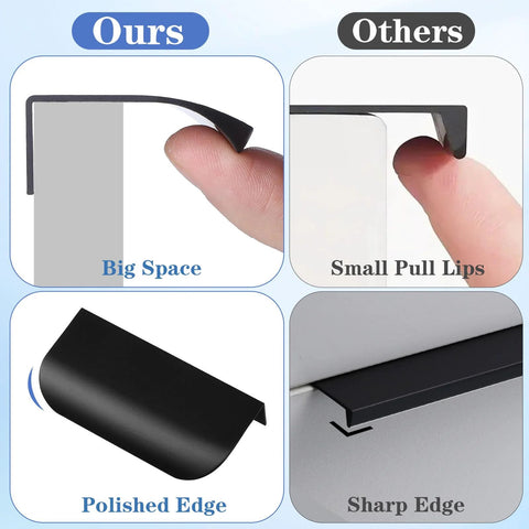 Comparison of Five Piece Edge Finger Pulls For Cabinets Aluminum Alloy Concealed Handles showing big space and polished edge benefits