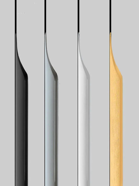 Side views of 5 Pack Concealed Finger Pulls For Cabinets And Drawers in various finishes, including black aluminum, showing streamlined design.