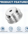 Lightweight aluminum fixed-bore pulley for 5 to 6mm belts, with 5mm bore, 30mm outer diameter and 7mm groove, showing product features.