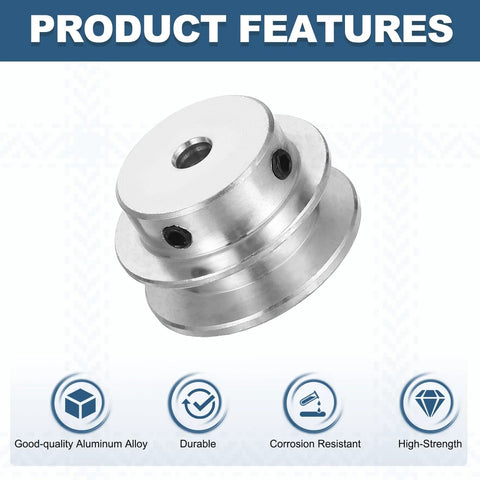 Lightweight aluminum fixed-bore pulley for 5 to 6mm belts, with 5mm bore, 30mm outer diameter and 7mm groove, showing product features.