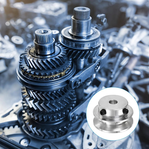 Close-up of gears with an Aluminum Fixed Bore Pulley 6mm Bore 30mm Outer Diameter with 7mm Groove for 5 6mm PU Belts in inset