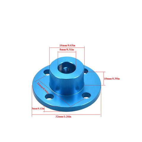 Blue 8mm Aluminum Flange Shaft Coupler with 8mm bore, 16mm outer diameter, 13mm height, and four 4mm mounting holes.