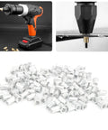 200 Piece Aluminum Flat Head Pull Riveting Nuts Set for Metal Panels and Pipes, drill view and nuts close-up