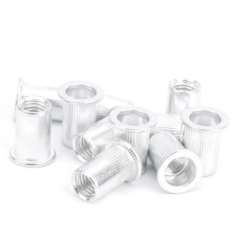 Close-up of 200 Piece Aluminum Flat Head Pull Riveting Nuts Set for Metal Panels and Pipes, Versatile Nutserts Kit in Plastic Organizer Box