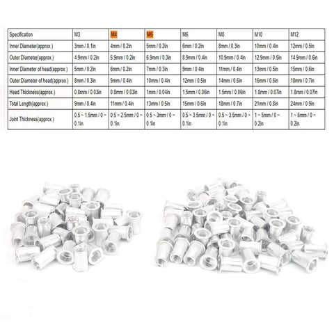 Assorted sizes of 200 Piece Aluminum Flat Head Pull Riveting Nuts Set for Metal Panels and Pipes in organizer box shown on white background.