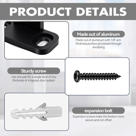 Sliding Barn Door Floor Guide Set components including aluminum bracket, sturdy screw, and expansion bolt details.