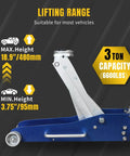 Beefy Ultra Lightweight 3 Ton Aluminum Floor Jack With Quick Rise Dual Pump for cars and trucks, side view, lifting range
