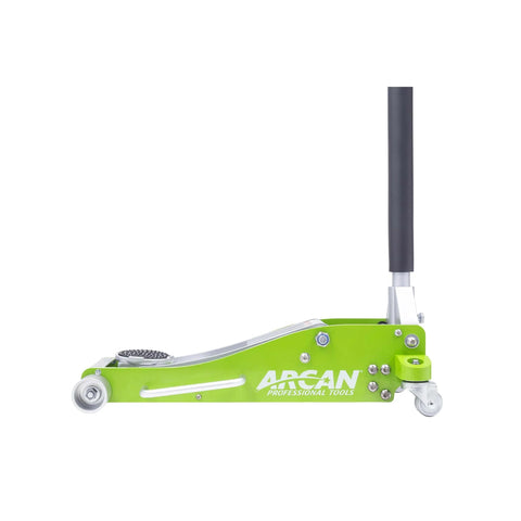 Side view of 3-Ton Quick Rise Aluminum Floor Jack With Dual Pump Pistons, Reinforced Lift Arm, Low Profile 3.75 Inch Start