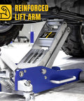 Beefy Ultra Lightweight 3 Ton Aluminum Floor Jack With Quick Rise Dual Pump in blue lifting a vehicle by Yellow Jacket