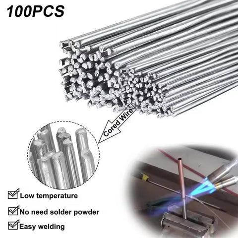 100 Pieces Flux Core Aluminum Welding Rods Set For Easy Melt Welding Sticks No Solder Powder Needed Non Toxic Flux Core Aluminum Brazing Rods Ideal For Repairs And DIY Projects In Home Or Shop; includes angled and close-up views.