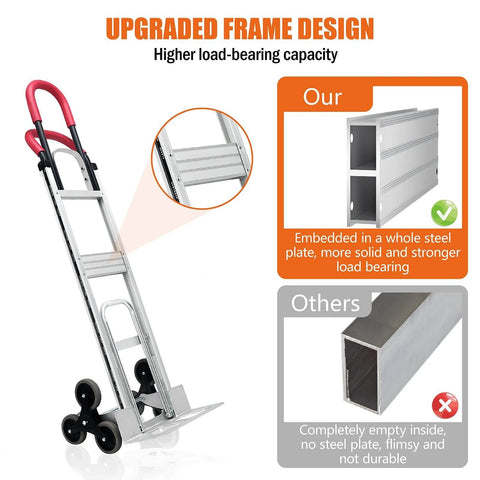 Aluminum Stair Climbing Cart, 600 lbs Capacity, upgraded frame design with dual handles, comparison of steel frame construction.