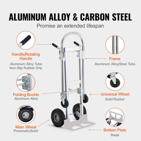 Diagram of Aluminum Truck, 2 in 1, 800 lbs Load Capacity, Heavy Duty Industrial Convertible Folding Hand Truck and Dolly parts labeled