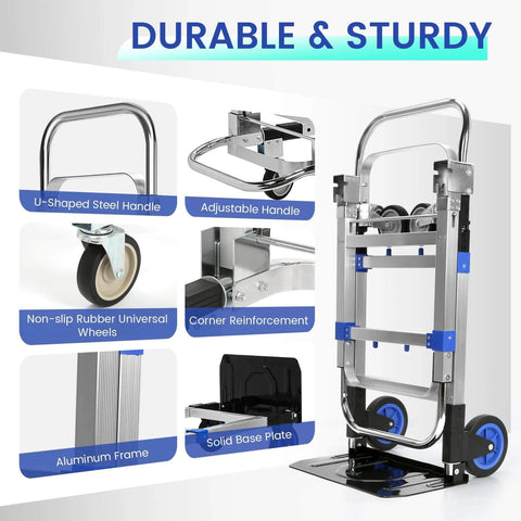 Features of the ✝️ Upgraded 3 in 1 Aluminum Folding Hand Truck, 600 lbs Convertible Heavy Duty Dolly Cart, with rubber wheels and steel handle.