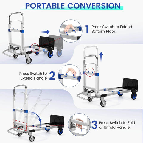 Illustration of using the ✝️ Upgraded 3 in 1 Aluminum Folding Hand Truck, 600 lbs Convertible Heavy Duty Dolly Cart, with conversion steps shown.