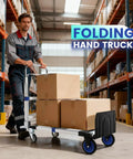 Man using Upgraded 3 in 1 Aluminum Folding Hand Truck, 600 lbs Convertible Heavy Duty Dolly Cart with boxes in warehouse, blue wheels