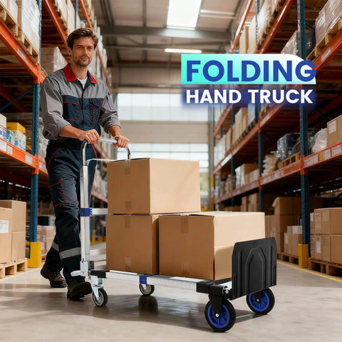 Man using Upgraded 3 in 1 Aluminum Folding Hand Truck, 600 lbs Convertible Heavy Duty Dolly Cart with boxes in warehouse, blue wheels
