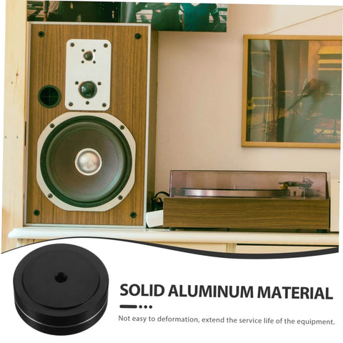 Aluminum Foot Pads For Electronics Isolation Feet For Turntables Computers Speakers And Subwoofers No Slip Anti Vibration Bumpers Durable Case Protection And Floor Safe. Speaker and turntable setup visible.