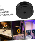 Aluminum foot pad for electronics isolation, shown in black with anti-vibration bumpers; used for turntables, speakers, and subwoofers.