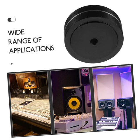 Aluminum foot pad for electronics isolation, shown in black with anti-vibration bumpers; used for turntables, speakers, and subwoofers.
