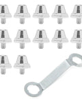Aluminum Football Boot Studs Set 12 Pcs For Enhanced Traction 11mm 13mm 15mm with wrench, silver tone, lightweight, 5mm thread.