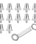 Aluminum Football Boot Studs Set 12 Pcs For Enhanced Traction 11mm 13mm 15mm with wrench, silver color, displayed on white background.