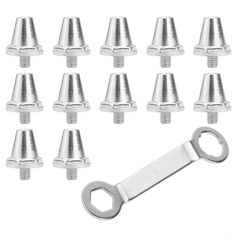 Aluminum Football Boot Studs Set 12 Pcs For Enhanced Traction 11mm 13mm 15mm with wrench, silver color, displayed on white background.