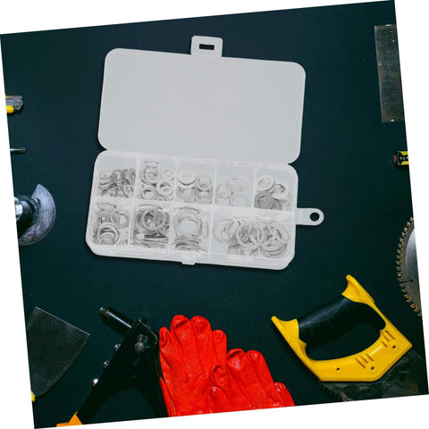 Aluminum All In One Leakproof Gasket Kit With 200 Pieces And Multi Size Crush Washers for automotive repairs on a workbench.