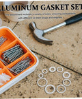 Must Have Aluminum Crush Seal Gasket Washers Set For Automotive And Industrial Use next to hammer and screws in storage box.
