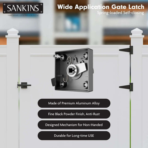 Beefy Black Heavy Duty Double Sided Gate Latch For Wooden Fence, self-locking aluminum gate latch installed on outdoor use swinging door.