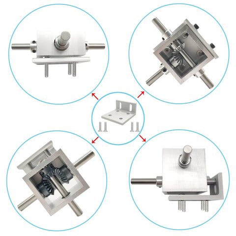 Right Angle Mounting Bracket For PGFUN Right Angle Gearbox Aluminum Alloy 60mm, shown in various angles and assembly view.