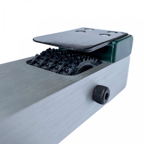 Close-up of Aluminum Gecko Gauge for fiber cement siding, showing precise height and spacing features with hands-free mounting tool.
