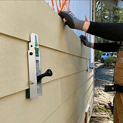 Aluminum Gecko Gauge for fiber cement siding offers precise height and spacing, shown mounted for hands-free installation.