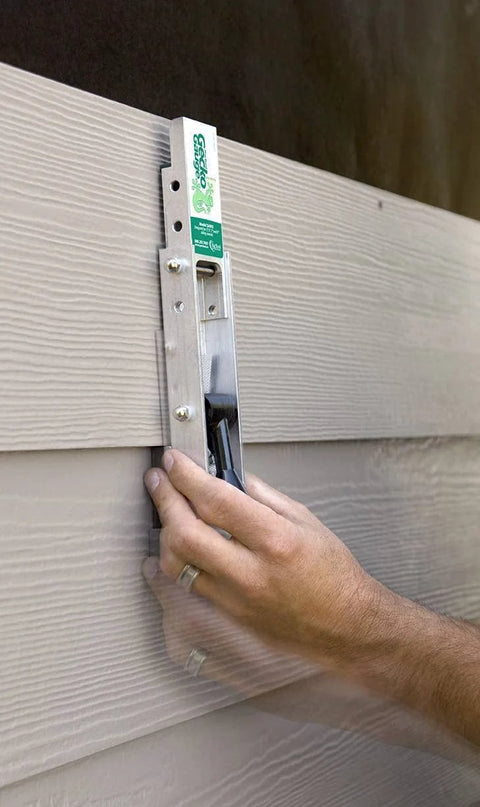 Aluminum Gecko Gauge for fiber cement siding offers precise height and spacing with a hands free mounting tool used on wall