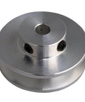 Aluminum single groove pulley 31mm diameter 5mm bore for 3-5mm PU round belts in DIY machines like hobby mills, close-up view.