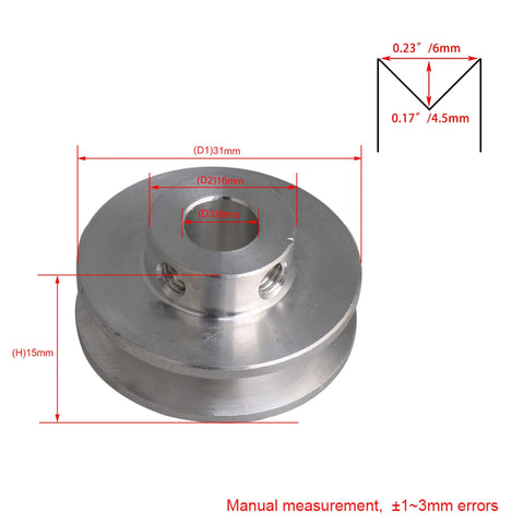 Diagram of Aluminum Alloy Single Groove Pulley 31x15x8mm With 8mm Bore For 3 To 5mm PU Belts, showcasing key measurements.