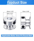 Aluminum Single Groove Belt Pulley 8mm Fixed Bore 20mm Outer Diameter For 6mm PU Round Belt Two Pack with size specifications